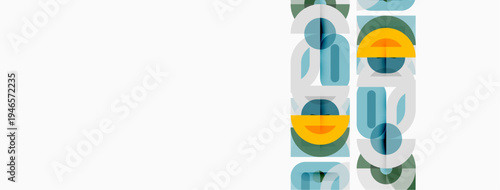 Abstract geometric shapes overlap, creating modern visual pattern. Teal, yellow, gray tones dominate composition. Minimalist design.