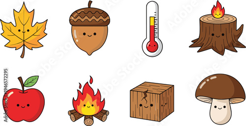 Cute autumn season cartoon icon set with maple leaf acorn apple mushroom campfire thermometer and tree stump