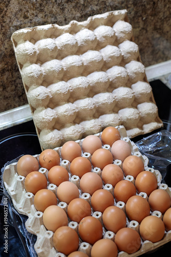 large tray of fresh brown chicken eggs in cardboard carton on kitchen countertop, organic food ingredient for cooking, baking and breakfast preparation in home kitchen