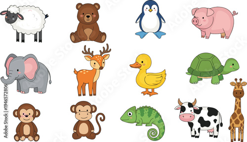 Cute cartoon animal collection with farm and wild animals including elephant giraffe cow duck turtle monkey vector set
