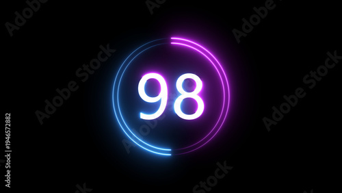 A dynamic circular illustration, and glowing count neon number 98 illustration . on a black background. and creating a stunning 4k illustration.