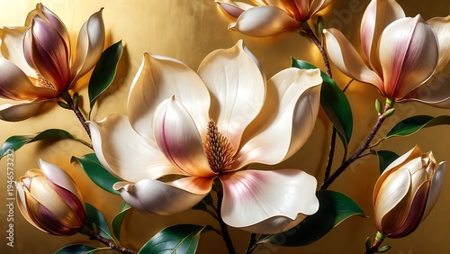 3d Magnolia Flowers Blooming with Golden Background Close-up Detail