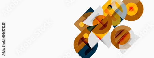 Abstract geometric shapes overlap, creating dynamic composition. Warm colors dominate, contrasted by cool tones. Minimalist design.