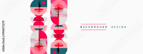 Abstract geometric pattern. Overlapping circles, squares create modern visual effect. Minimalist design with red, teal accents.