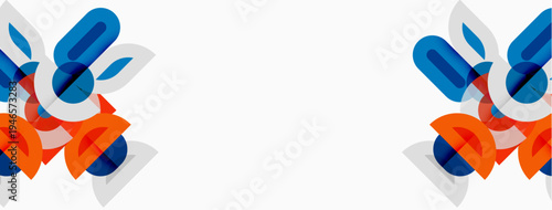 Abstract geometric shapes, orange, blue hues. Minimalist design with white background. Symmetrical composition, modern aesthetic.