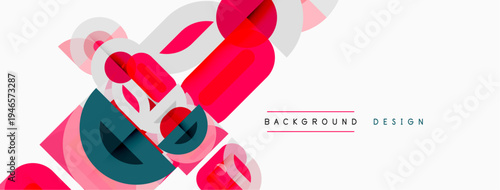 Abstract geometric shapes overlap, creating dynamic composition. Pink, teal, gray hues dominate white background. Modern design element.