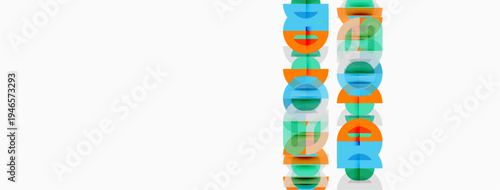 Abstract graphic design features repeated colorful vertical bars. Text overlaps creating layered visual effect. Minimalist composition, bright hues.