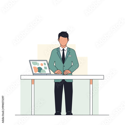 Professional man standing at desk with laptop.