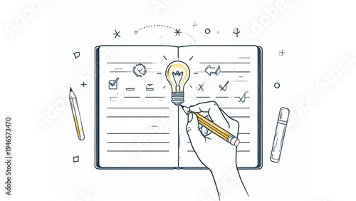 Hand Writing on Notebook Paper with Pencil Education Study Note Taking Line Art Vector Illustration