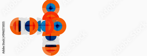 Abstract geometric shapes overlap, creating dynamic visual composition. Orange, blue hues dominate white background. Modern design.