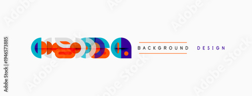 Abstract geometric shapes, vibrant colors, modern design elements. Background features simple lines, circles, rectangles. Clean aesthetic.