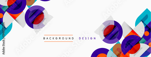 Abstract geometric shapes overlap, creating vibrant colorful design. White space provides contrast, modern aesthetic.