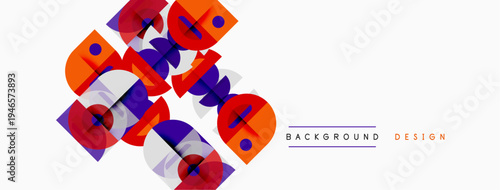 Abstract geometric shapes overlap, creating dynamic visual texture. Bright colors dominate white space. Modern design element.