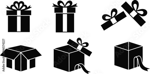 Collection of gift boxes. Closed boxes with ribbons, opened boxes, and boxes with ribbons flying off. Shopping symbols, or parcel signs for holidays and celebrations. 