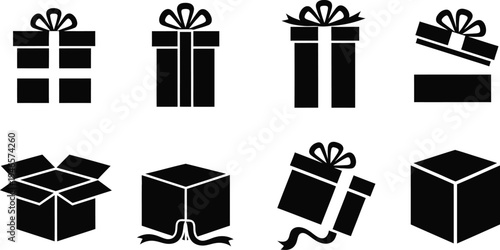 Collection of gift boxes. Closed boxes with ribbons, opened boxes, and boxes with ribbons flying off. Shopping symbols, or parcel signs for holidays and celebrations. 