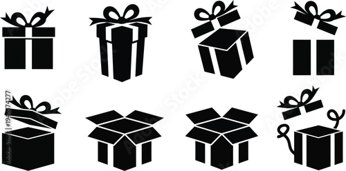 Collection of gift boxes. Closed boxes with ribbons, opened boxes, and boxes with ribbons flying off. Shopping symbols, or parcel signs for holidays and celebrations. 