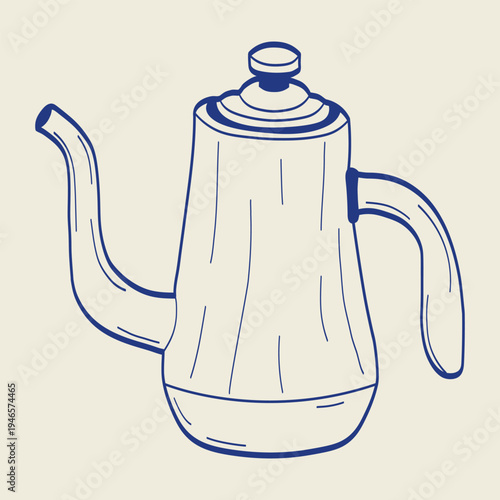Hand drawn coffee kettle vector illustration in Mediterranean style. Minimal line art kitchen utensil for cafe menus, barista graphics, coffee shop branding and beverage themed designs.