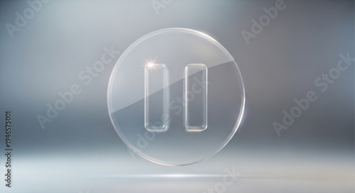 Transparent glass pause button symbol on a light gray background.