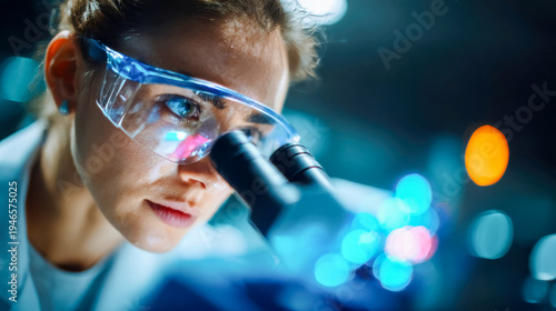 Female scientist using a microscope with neon lab lighting, focused medical research and diagnostics concept in a modern laboratory