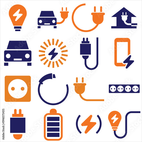 Electric Vehicle Charging and Energy Line Icons . Electric vehicle charging, renewable energy, battery and power technology line icons for EV infrastructure, sustainable transport . 
