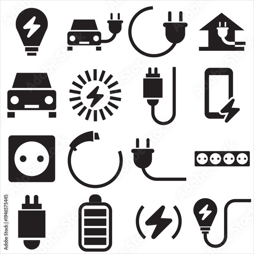 Electric Vehicle Charging and Energy Line Icons . Electric vehicle charging, renewable energy, battery and power technology line icons for EV infrastructure, sustainable transport . 