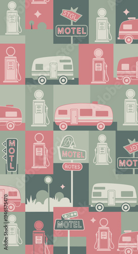Seamless Vintage Road Trip Pattern with Retro Gas Pumps, Classic RVs, and Neon Motel Signs for Travel, Americana, and Mid-Century Design