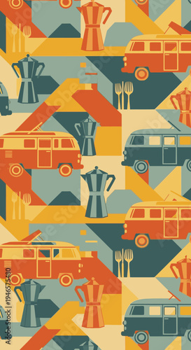 Retro seamless pattern with vintage camper vans and Moka pots, ideal for travel, camping, and coffee lovers, featuring a nostalgic flat design in earthy tones.