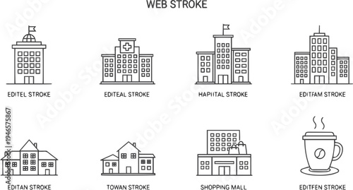 Building web icons in line style. Hotel, hospital, apartament, city, town house, mall, coffee, collection. Editable stroke. Vector illustration
