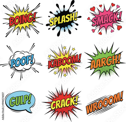 Pop Art Comic Sound Effects Set BOING SPLASH KABOOM Vector Icons
