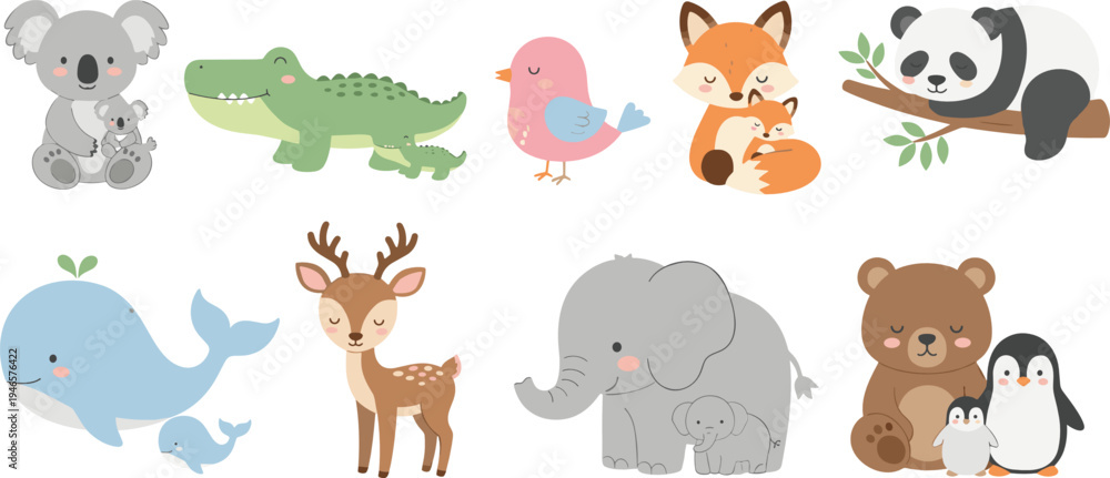 Fototapeta premium Cute wild animal cartoon collection with koala crocodile fox panda whale deer elephant penguin vector illustration set