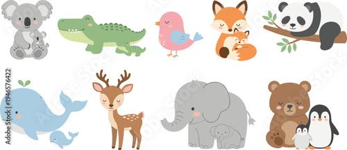 Cute wild animal cartoon collection with koala crocodile fox panda whale deer elephant penguin vector illustration set