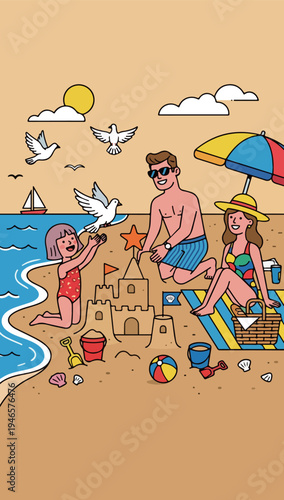 Family Building Sandcastle on Beach