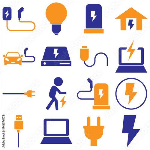 Electric Vehicle Charging and Energy Line Icons . Electric vehicle charging, renewable energy, battery and power technology line icons for EV infrastructure, sustainable transport . 