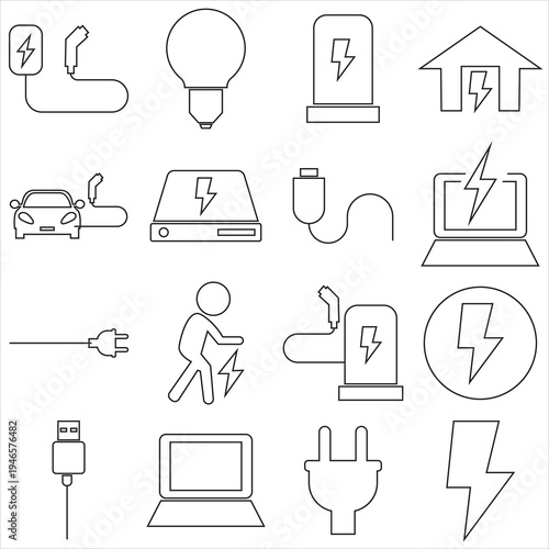 Electric Vehicle Charging and Energy Line Icons . Electric vehicle charging, renewable energy, battery and power technology line icons for EV infrastructure, sustainable transport . 