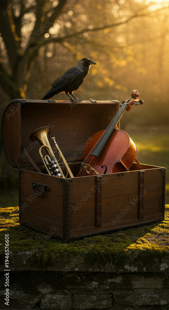 Fototapeta premium Black crow resting atop rustic wooden instrument case containing cello and trumpet, mossy stone wall, hour forest backdrop.