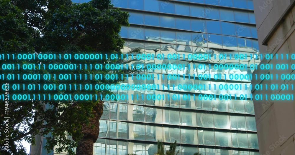 Obraz premium Reflecting glass panels warping pane forms on urban street, with cyan binary overlay and large tree