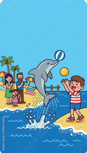 Dolphin playing with a boy on the beach