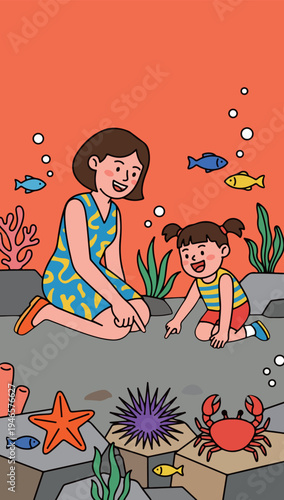 Mother and Daughter Exploring Underwater Life