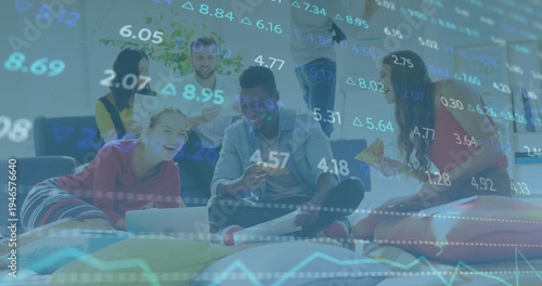 Working group of six casually dressed adults in lounge with laptops, pizza and financial overlay