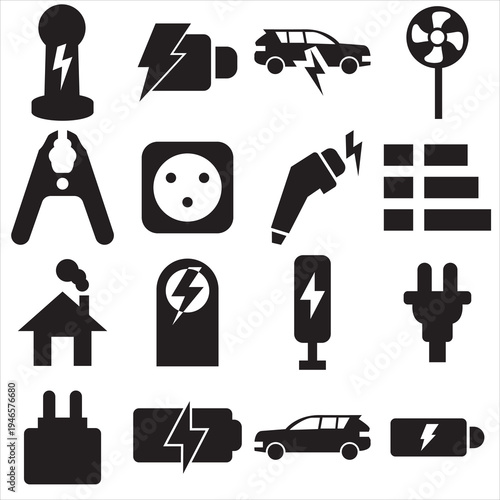 Electric Vehicle Charging and Energy Line Icons . Electric vehicle charging, renewable energy, battery and power technology line icons for EV infrastructure, sustainable transport . 