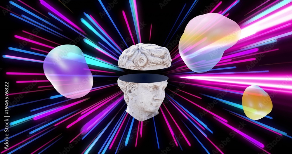 Fototapeta premium Floating marble bust showing horizontal split and black gap in studio, neon streaks, three blobs