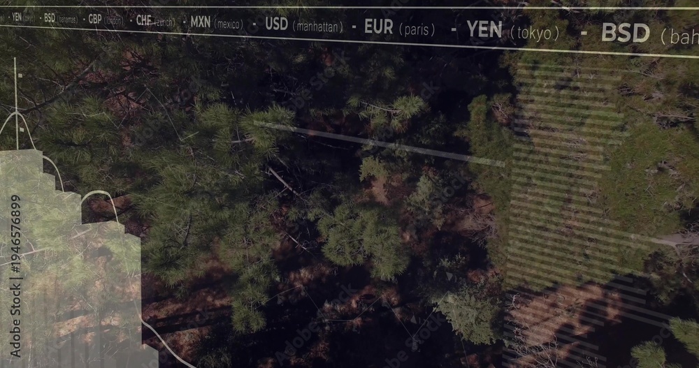 Fototapeta premium Showing pine canopy casting long shadows over sunny forest, with striped clearing and chart overlay