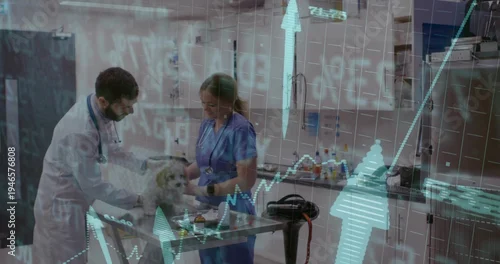 Fototapeta samoprzylepna Examining staff wearing lab coat, blue scrubs, handling white dog on exam table with data overlay