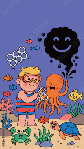 Underwater Scene with Boy, Octopus, and Pollution
