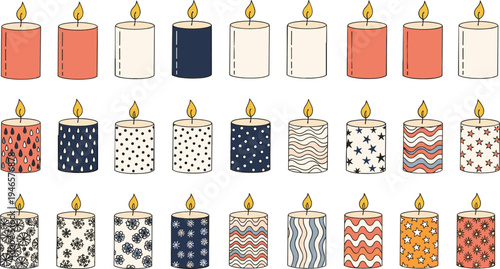 Decorative candle collection with patterned wax candles burning flame cozy home decor vector illustration set