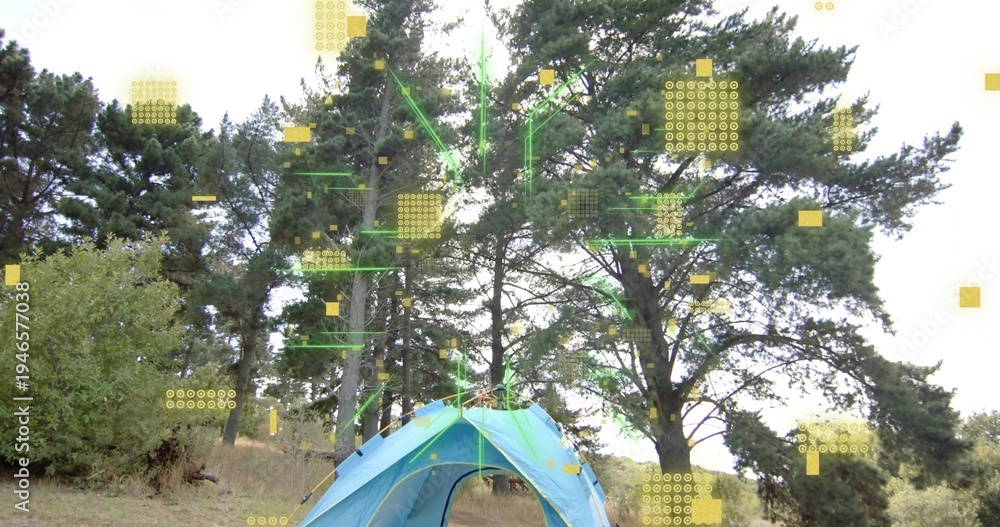 Fototapeta premium Showing centered blue dome tent sitting on forest clearing with pine trees, digital overlays