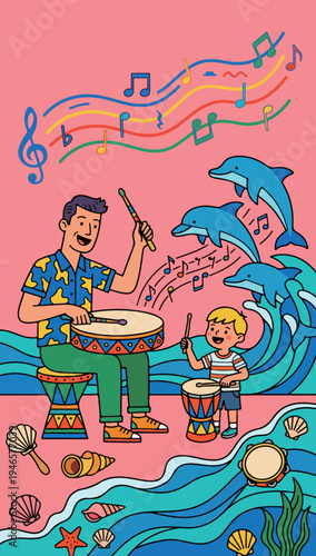 Father and Son Drumming by the Sea
