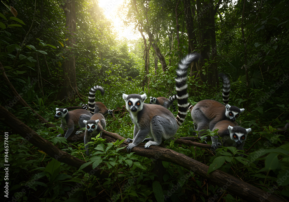 Fototapeta premium Ring tailed lemurs group forest