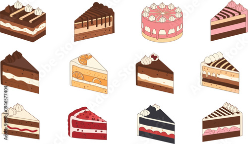 Delicious cake slice collection with chocolate strawberry cream layered dessert bakery vector illustration set