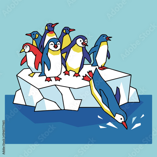 Penguins on Iceberg Diving into Water